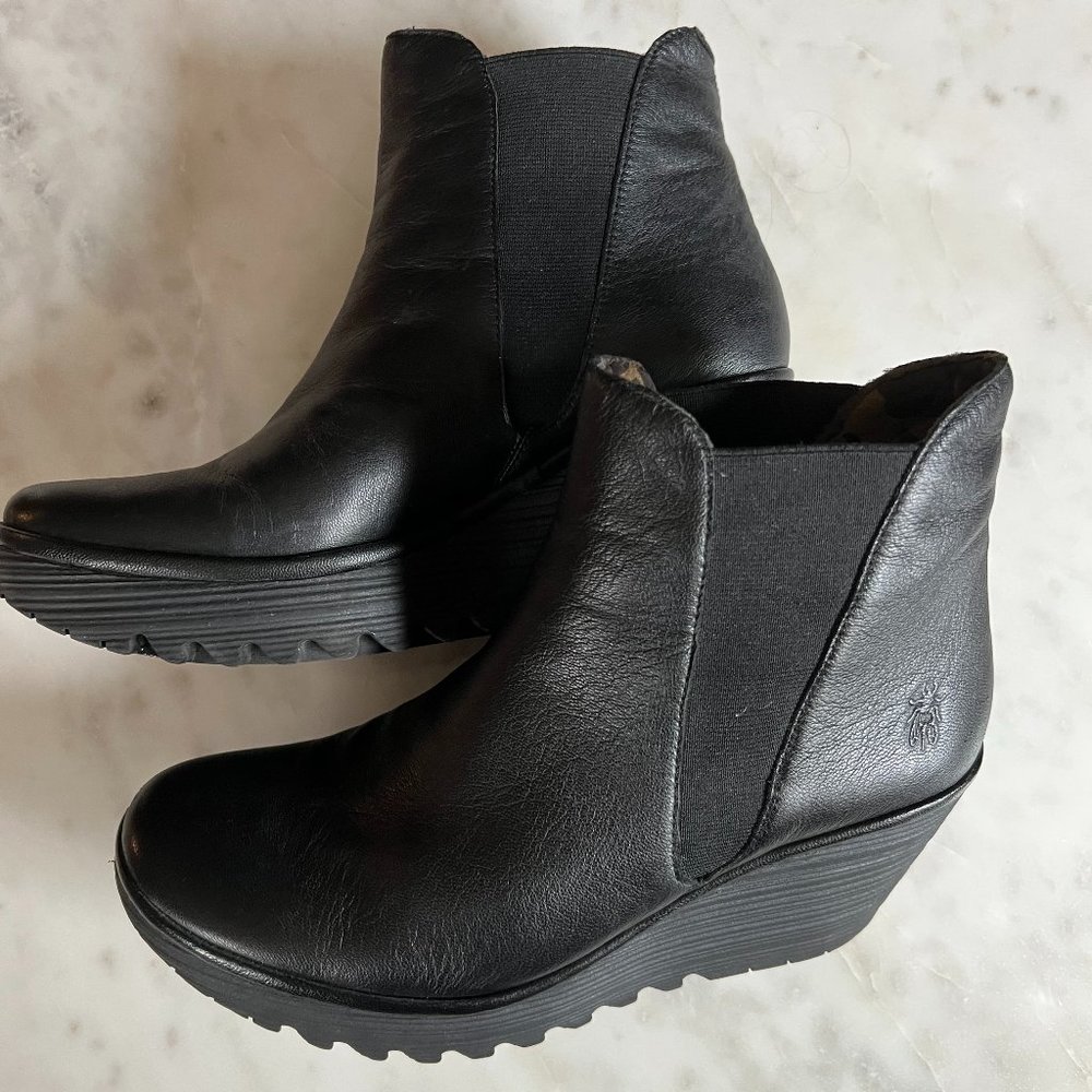 Fly London Women's Black Leather Wedge Ankle Booties - Picture 2 of 3